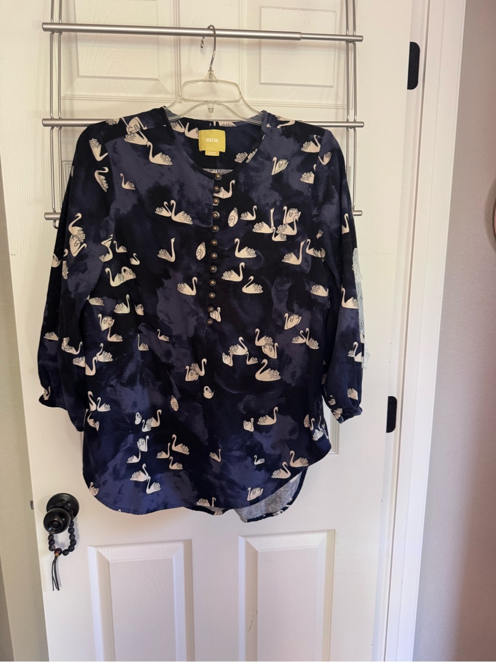 Navy Swan Print Button-Up Flannel Top with Asymmetric Hem